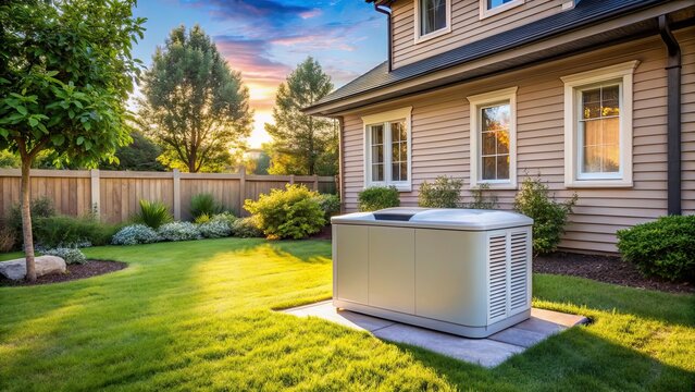 Home standby generator installed in backyard of house , residential, air-cooled, natural gas