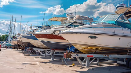 Fototapeta premium Boats on a trailer in the parking lot of a boat sports store for sale or rental, a sunny day with a blue sky in the background. luxury ship, maintenance, and parking place boat.