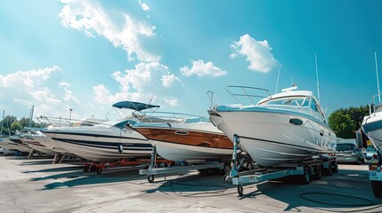 Boats on a trailer in the parking lot of a boat sports store for sale or rental, a sunny day with a blue sky in the background. luxury ship, maintenance, and parking place boat.