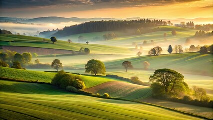 Fototapeta premium Rolling green fields at dawn with misty light filtering through, creating a serene and ethereal atmosphere, dawn, rolling fields