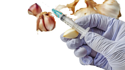 Hand holding vaccine and garlic on transparent background