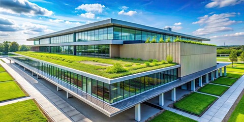 Fototapeta premium Modern facility with green roof and landscaped surroundings, aerial view, sustainable, eco-friendly