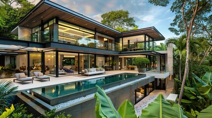 Obraz premium Modern luxury house with large glass windows, surrounded by lush greenery, and featuring an outdoor pool and elegant outdoor furniture. copy space for text.