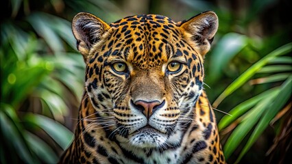 Fototapeta premium Intense and fierce jaguar staring directly into the camera in the wild , jaguar, wildlife, intense, fierce, predator, wild, nature
