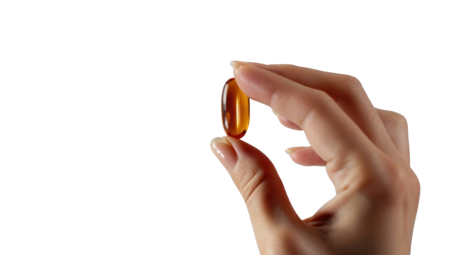 Hand holding supplement, pill, drug on transparent background