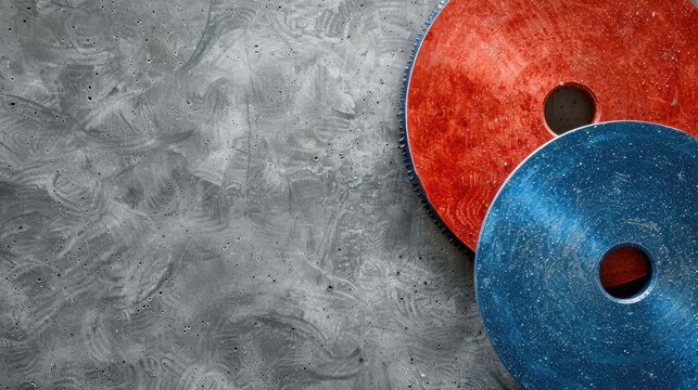 Diamond cutting discs in blue and red for cutting concrete and granite on gray background image with space for text