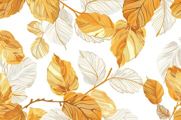 A pattern with a cartoonistic illustration of a white and gold leaves white background. Thick cartoon