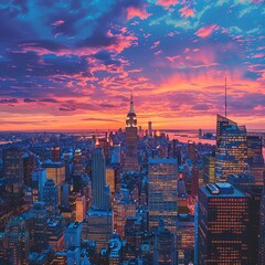 Obraz premium Stunning aerial view of New York City skyline at sunset with vibrant sky and lit buildings, capturing the essence and beauty of urban life.