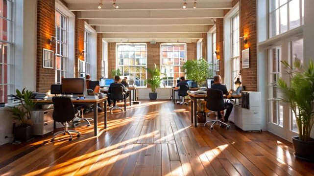 This Professionals work at desks in a well-lit, spacious office filled with greenery.