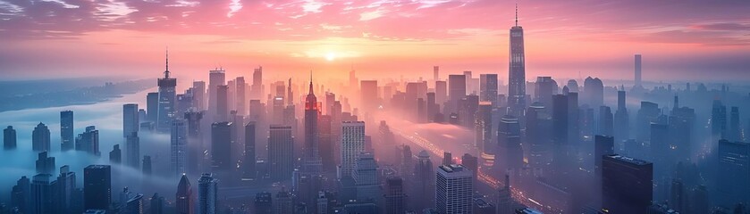 Fototapeta premium A breathtaking aerial view of a city skyline during sunrise, showcasing towering skyscrapers and vibrant colors in the sky.
