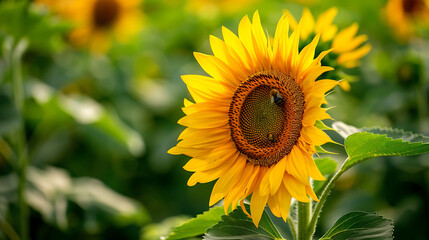 Obraz premium A close-up of a sunflower in full bloom, with a bee collecting nectar, surrounded by a lush green field 