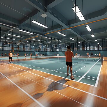 Indoor badminton court with players, large illuminated space with wooden flooring, modern sports facility, competitive match in progress.