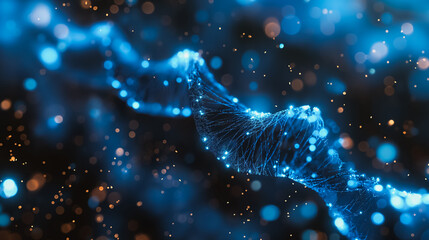Blue background with DNA genetic biotechnology and chromosome structure, showcasing a science wallpaper with nano code and low poly wireframe design.
