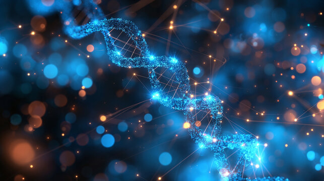 DNA genetic biotechnology on a blue background, featuring chromosome structure as a science wallpaper with nano code and low poly wireframe vector illustration. - Powered by Adobe