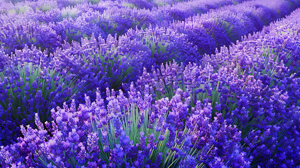 Fototapeta premium An array of blooming lavender plants, creating a sea of purple hues under a clear, sunny sky 