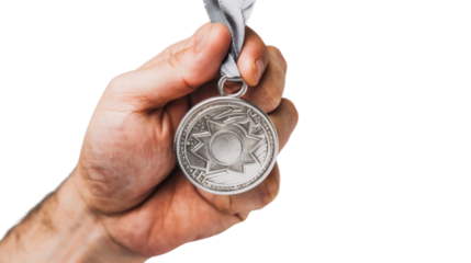 Hand holding silver medal on transparent background 