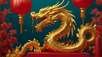 Obraz premium 3D chinese 2024 year gold new lunar cny podium