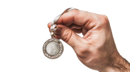 Hand holding silver medal on transparent background
