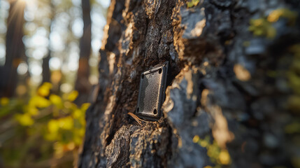 Fototapeta premium Advanced biotechnology represented by a high-tech device embedded in the bark of a tree, highlighting seamless integration with nature.