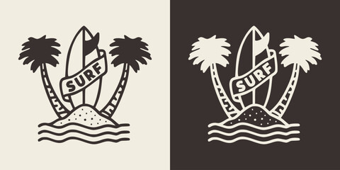 Hand drawn illustration of a surfboard in sand.