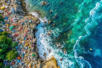 Obraz premium Concept environmental pollution ocean and water with garbage plastic and human waste. Aerial top view.