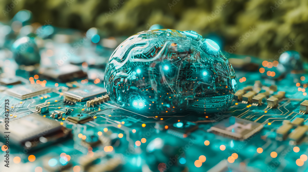 Poster artificial intelligence brain featuring a detailed computing system and neural networks, emphasizing
