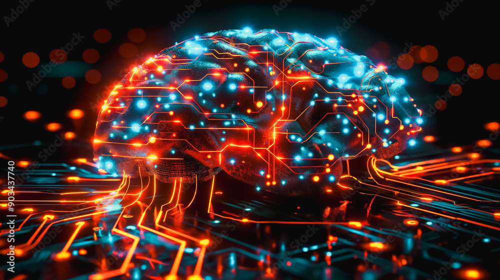 Poster artificial intelligence brain featuring a detailed computing system and neural networks, emphasizing