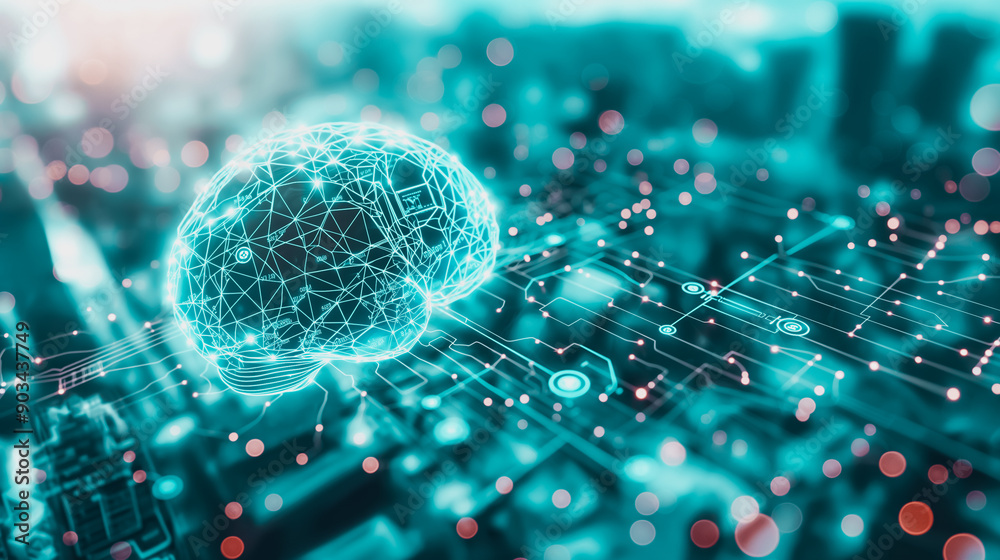 Poster biotechnology and machine learning depicted through an artificial intelligence brain with interconne