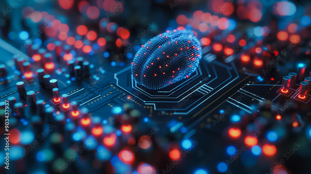 Poster artificial intelligence brain with a computing system, neurons, and neural networks, illustrating th