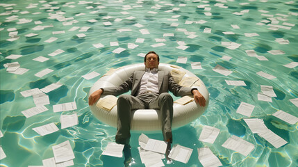 Man in suit relaxing on pool float surrounded by scattered papers.