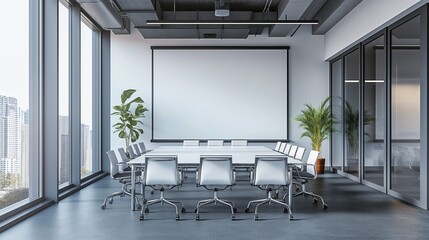 Modern conference room with a large screen and city view.