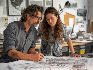 Employees working on creative projects with design tools, sketches, and creative resources, fostering innovation and creativity