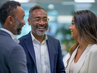 Business professionals interacting with clients in a welcoming office environment, ensuring positive client relationships and satisfaction