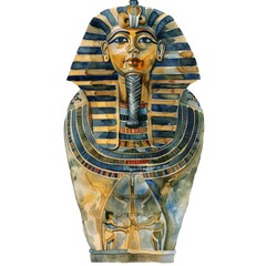Watercolor painting of a pharaoh's sarcophagus, on isolated white background, Generative AI