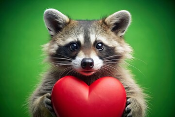 Obraz premium Adorable raccoon holding a large red heart on a bright green background, perfect for Valentine's Day congratulations cards, gifts, and romantic celebrations.