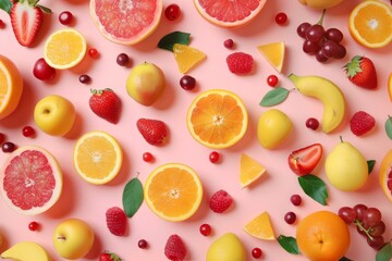 Assortment of Fresh Fruits and Berries on a Pink Background