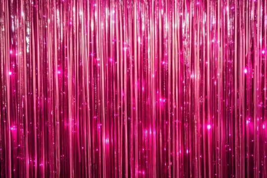 Vibrant pink curtain backdrop with glittering fringe decorations perfect for wedding, birthday, Christmas, or New Year's Eve celebrations, adding a touch of luxury and festivity.