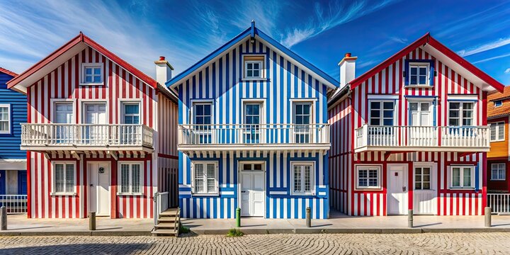 Colorful striped fishermen's houses in blue and red in Costa Nova, Aveiro, Portugal, Colorful, Striped, Fishermen's houses