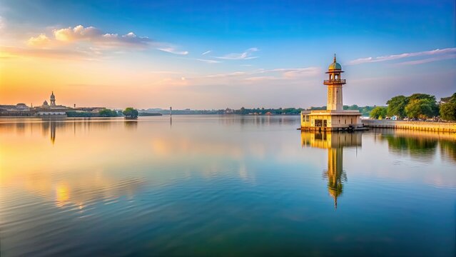 A serene view of Hussain Sagar Lake in Hyderabad, India, Hussain Sagar, Lake, Hyderabad, Telangana, India, Water, Sunset