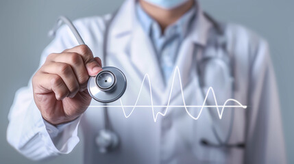 A doctor holding a stethoscope and a heart beat line chart background