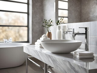 Fototapeta premium Empty marble top table with blurred bathroom interior Background. for product display montage