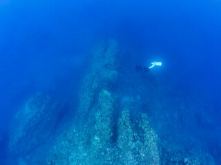 深く青い海を潜水するスキンダイバー。

日本国静岡県伊豆半島賀茂郡南伊豆町中木から渡し船で渡るヒリゾ浜-2024年7月
