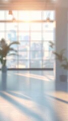 Fototapeta premium Bright Modern Office Interior: Blurred Background with Panoramic Windows and Beautiful Lighting. AI-Generated Design for Web Backgrounds, Wallpapers, 4K High-Resolution Imagery, and Contemporary Busi