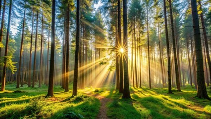 Obraz premium Sunlight streaming through tall trees in a peaceful forest clearing , morning light, trees, nature, sunlight, peaceful
