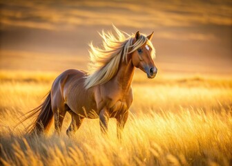 Obraz premium Majestic wild horse stands solitary in a vast, sun-kissed field of golden grass, its mane and tail flowing freely in the gentle breeze.