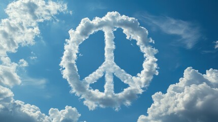 Fototapeta premium A cloud formation in the shape of a peace symbol against a bright blue sky with fluffy white clouds on a sunny day.