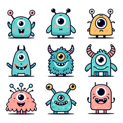 Colorful set of cartoon monsters with cute character, designs for print, book illustrations, festive decorations. Outline flat illustration for birthday party themes, posters, room decor.