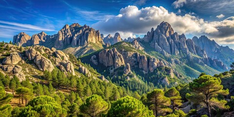 Rocky mountain peaks surrounded by pine forest in Corsica, Aiguilles de Bavella, needles, mountains, Corsica, France, rocky