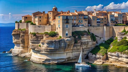 Houses perched on limestone cliffs in Bonifacio citadel, with a sailing yacht in the distance, Bonifacio, Corsica