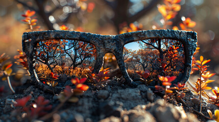 Rustic sunglasses with autumn forest reflections amidst vibrant red foliage, depicting nature and outdoor adventure.